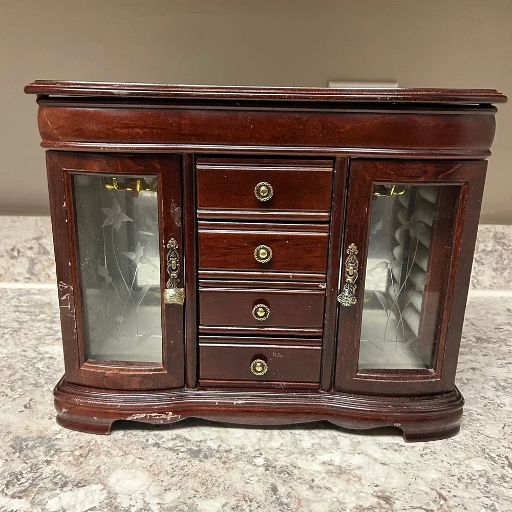 Vintage Wood Jewelry Armoire Large Brown Etched Glass 4-Drawer Rotating Hooks